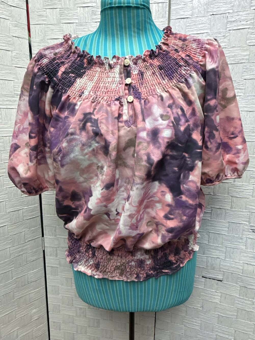 A.N.A Blouse Size M Pink Purple Tie Dye Smocked